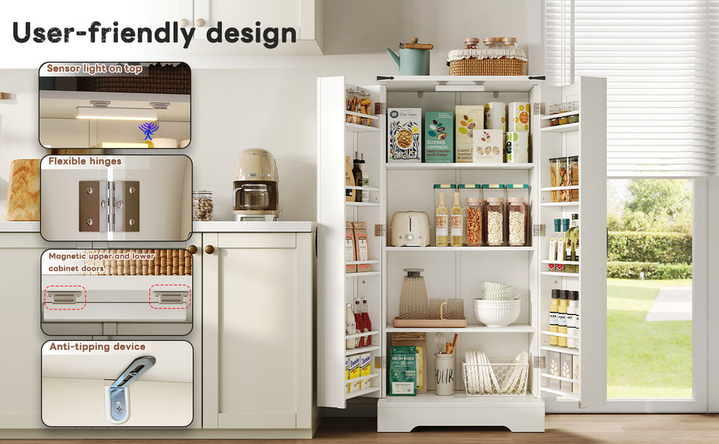 Armario de cocina de 128,5 cm, armario de almacenamiento rural – Armario de almacenamiento de alimentos con LED, con 2 puertas y estantes ajustables para pequeñas habitaciones en el comedor o el salón, estructura de presión por debajo blanca