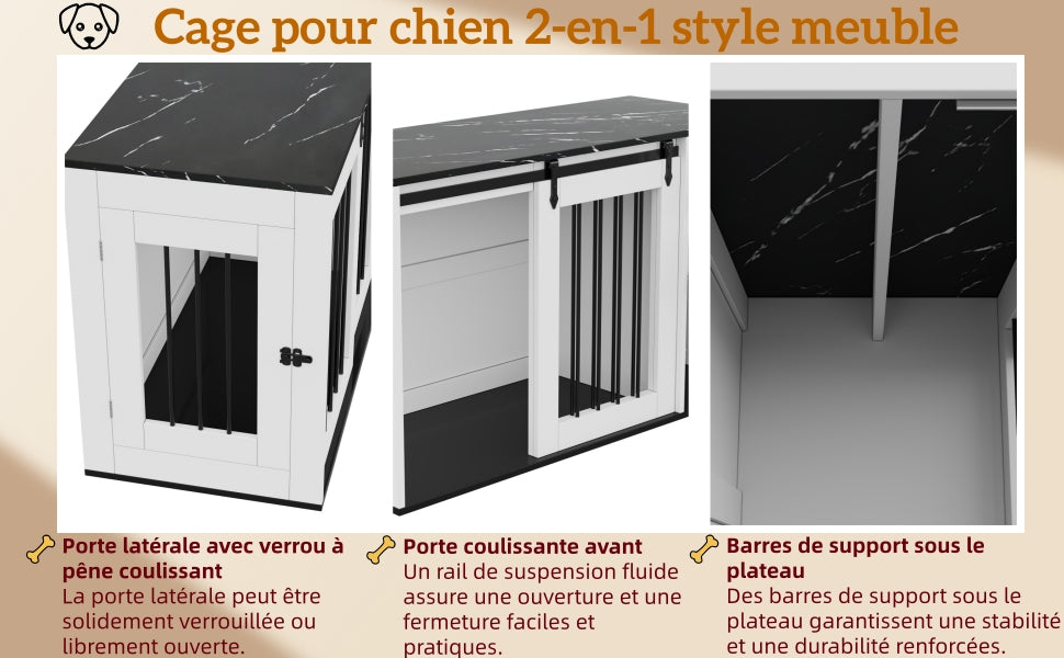 Caja para perro 2 en 1, Hoguera interior para perro, Caja para perro de madera y metal en diseño de mobiliario, como mesita de noche, para perros pequeños a medianos, 140 x 60 x 87 cm, blanca, Mesa con folio de aspecto de mármol negro