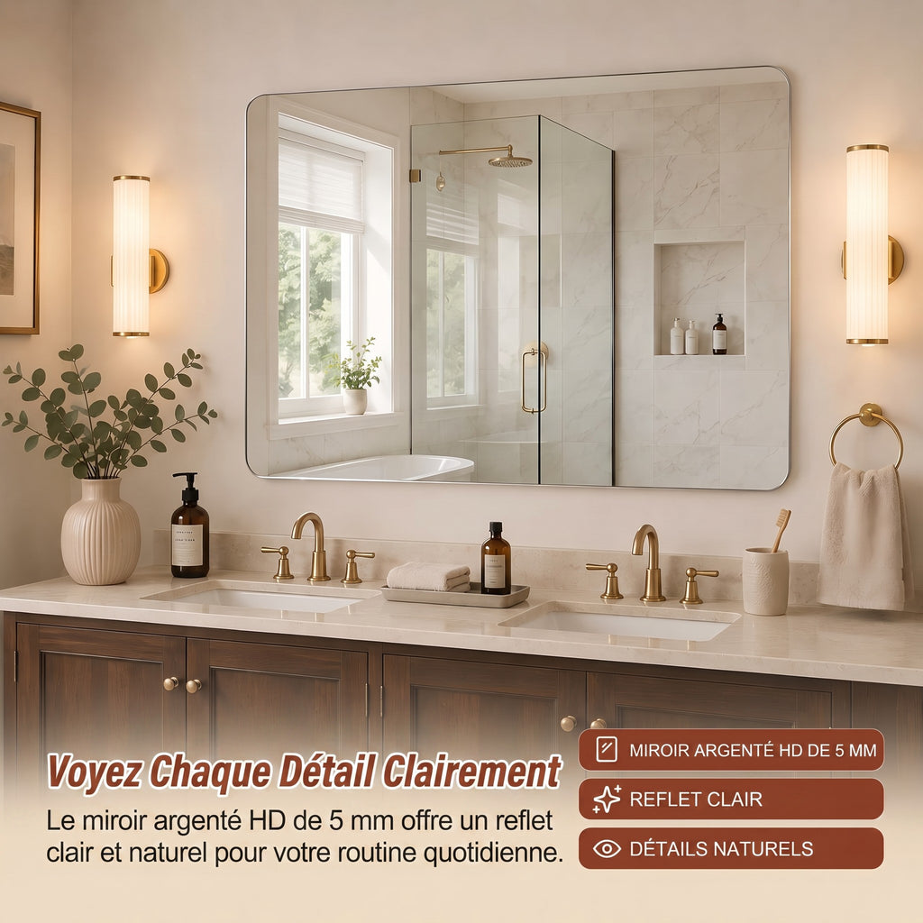 Espejo de baño de 60×100 cm, sin marco con esquinas redondeadas, espejo de 5 mm HD de plata, película de seguridad, montable horizontal o verticalmente