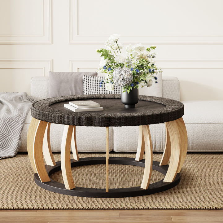 Round Coffee Table | Solid Wood and Wicker | Vintage Boho Style