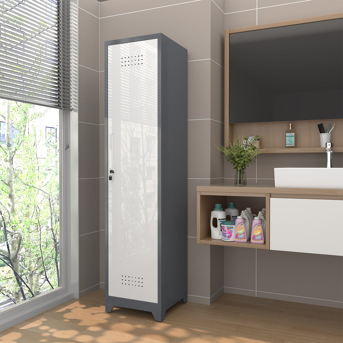 Gabinet de almacenamiento para limpieza de metal esbelto con puerta cerradora, estantes y barra de colgado, 65" de alto, organizador de utilidades para cocina, despensa, oficina, taller y garaje