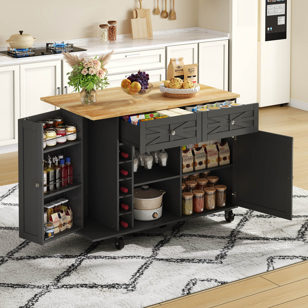 Isla de cocina con placa de trabajo plegable, equipada con 5 ruedas con cierre, armario, estante para vinos y soporte para vasos, negro, 120 x 45(70) x 89 cm