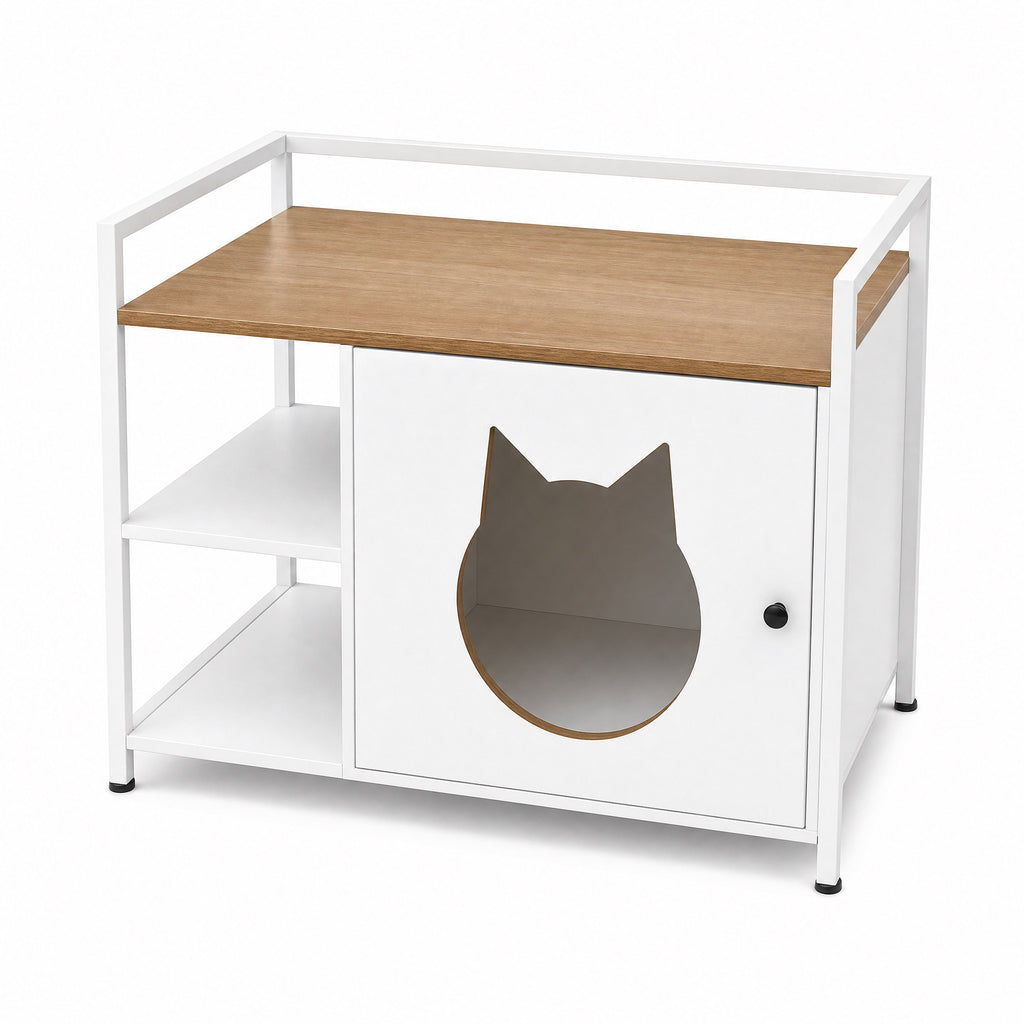 Armario multifuncional para la caja de arena de los gatos con agujero en forma de cabeza de gato, mesita de noche con 2 estantes y espacio de almacenamiento, moderno mueble para gatos para el salón y el dormitorio (blanco y madera)