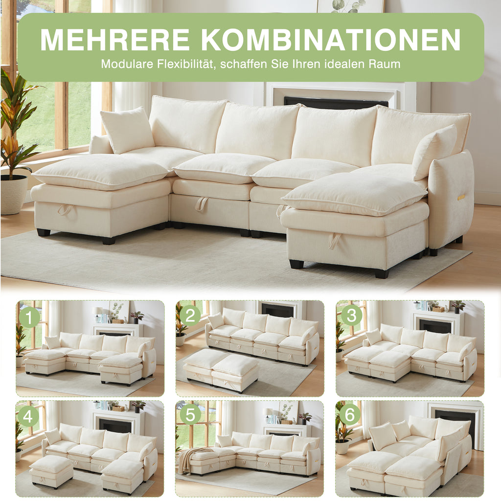 Sofa en U con espacio de almacenamiento, conjunto de sofás modular, compuesto por cuatro elementos de asiento y dos taburetes, sofá moderno con cojines y cojines de brazos, tapizado de chenille, armazón de madera sólida