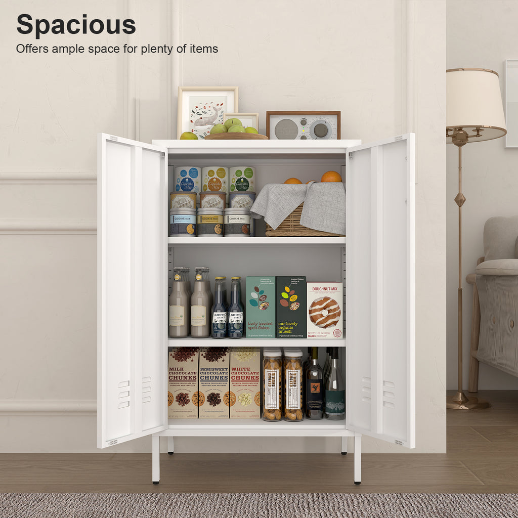 Gabinet de almacenamiento de acero blanco con 2 puertas y 2 estantes ajustables, gabinete multifuncional para el salón, la cocina, el dormitorio, el almacenamiento de herramientas en el garaje y la organización de archivos en el despacho