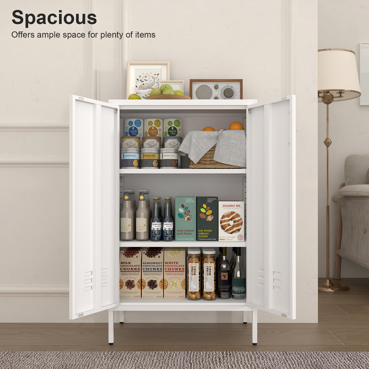 Gabinet de almacenamiento de acero blanco con 2 puertas y 2 estantes ajustables, gabinete multifuncional para el salón, la cocina, el dormitorio, el almacenamiento de herramientas en el garaje y la organización de archivos en el despacho