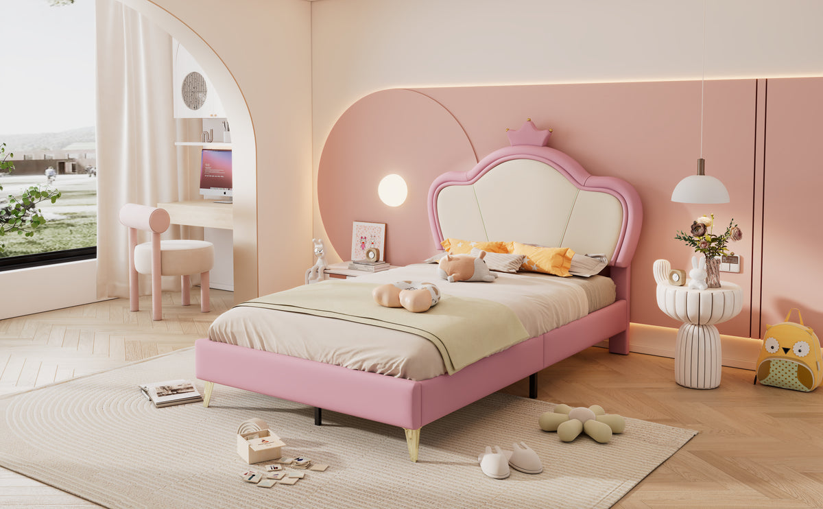 Cama de Colchón, Cama para Niños, con Bordes Suaves de Protección, Parte Superior de la Cama con Corona, Patas de la Cama de Metal, Perfil Elegante de la Parte Superior de la Cama de Colchón, Cama Individual, PU, Rosa + Blanco, 90x200cm