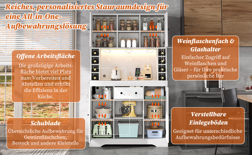 Armario de cocina, armario alto, armario de vinos con soportes de empotramiento ajustables, cajón, soporte para vasos de vino de acero inoxidable, compartimentos para botellas de vino, iluminación LED con cambio de color y enchufes, 180 × 105 × 40 cm