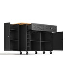 Isla de cocina con placa de trabajo plegable, equipada con 5 ruedas con cierre, armario, estante para vinos y soporte para vasos, negro, 120 x 45(70) x 89 cm