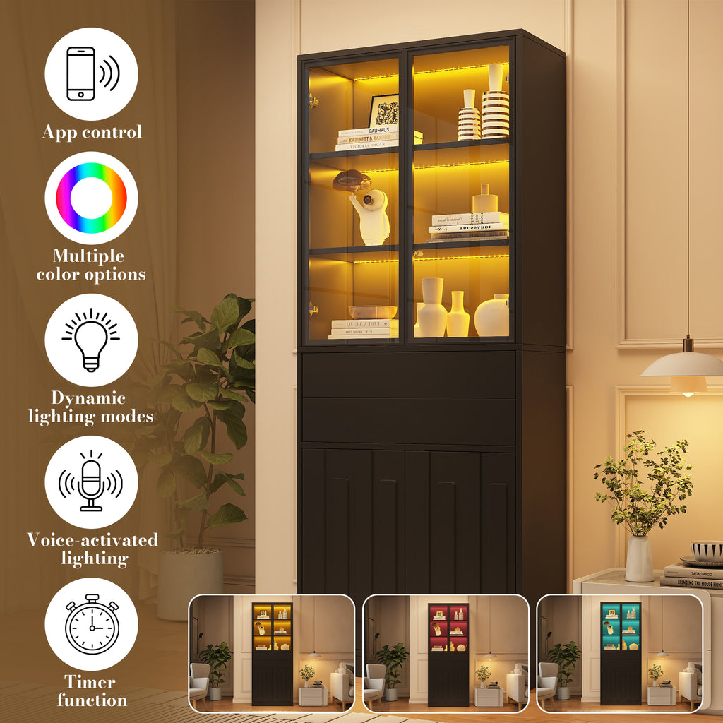 Vitrina LED de 70×34×180cm con 2 cajones, armario alto con puertas de vitrina, armario de salón con LED, armario para el salón, cocina, oficina, entrada, negro