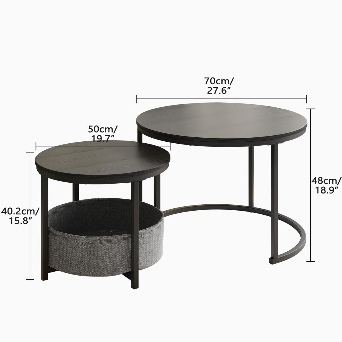 Set de mesas de centro de sofá redondo, estilo industrial, mesas auxiliares con marco de metal y placa de madera, empaquetadas una dentro de la otra, con bolsa de almacenamiento, espacio economizador para el salón