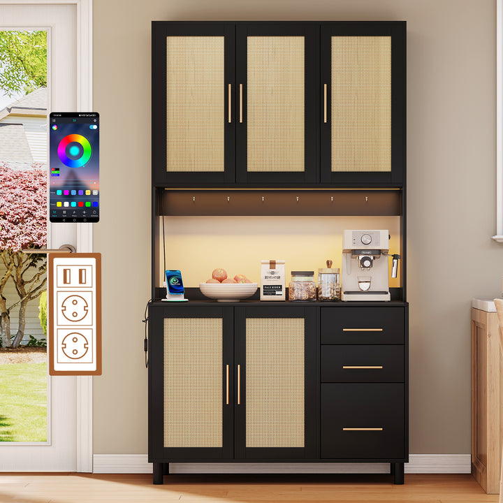 Antepecho de cocina de 183 cm, bufete, luces de decoración LED controladas por app, 2 x USB, 2 x enchufes, tableros de empotramiento ajustables, 3 cajones, mangoes de metal dorados, ideal para cocinas y comedores.