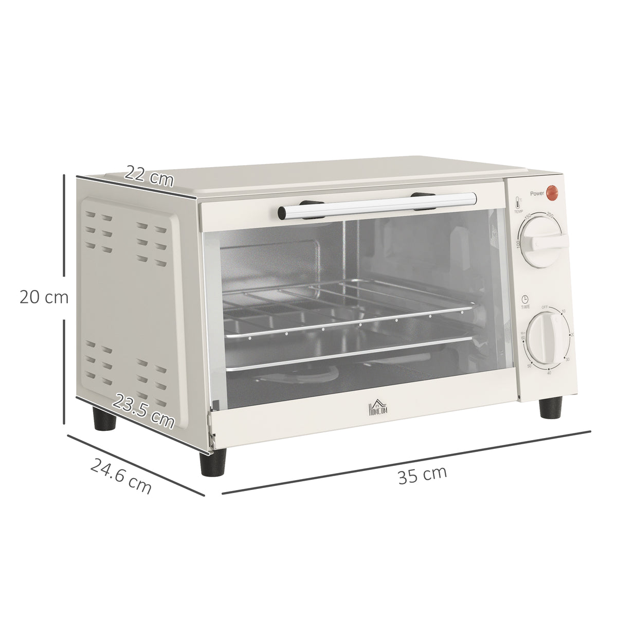Miniforno de 9L con placa de hornear, rejilla de grill, 100 °C-230 °C, temperatura y tiempo de cocción ajustables, temporizador de 60 min, 750W, acero inoxidable, crema blanca