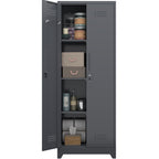 Gabinet de almacenamiento para escobas con puertas con cerradura y estantes, gabinete de almacenamiento metálico de 65" de alto con varilla de colgado y anzuelos S, gabinete de almacenamiento de herramientas de limpieza