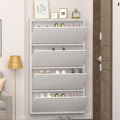 Gabinet de calzado de metal con 4 cajones volteables, organizador de calzado para la pared, estante oculto estrecho para el vestíbulo, blanco