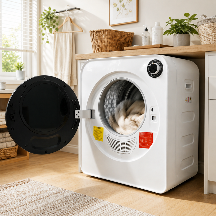 Secador de ropa de alta calidad – Calentamiento PTC en cerámica y tambor de acero inoxidable, 4 programas incluyendo función de enfriamiento, doble seguridad, montaje en pared o apilable. Caja PCM, Capacidad nominal: 3 kg (realmente 5 kg).