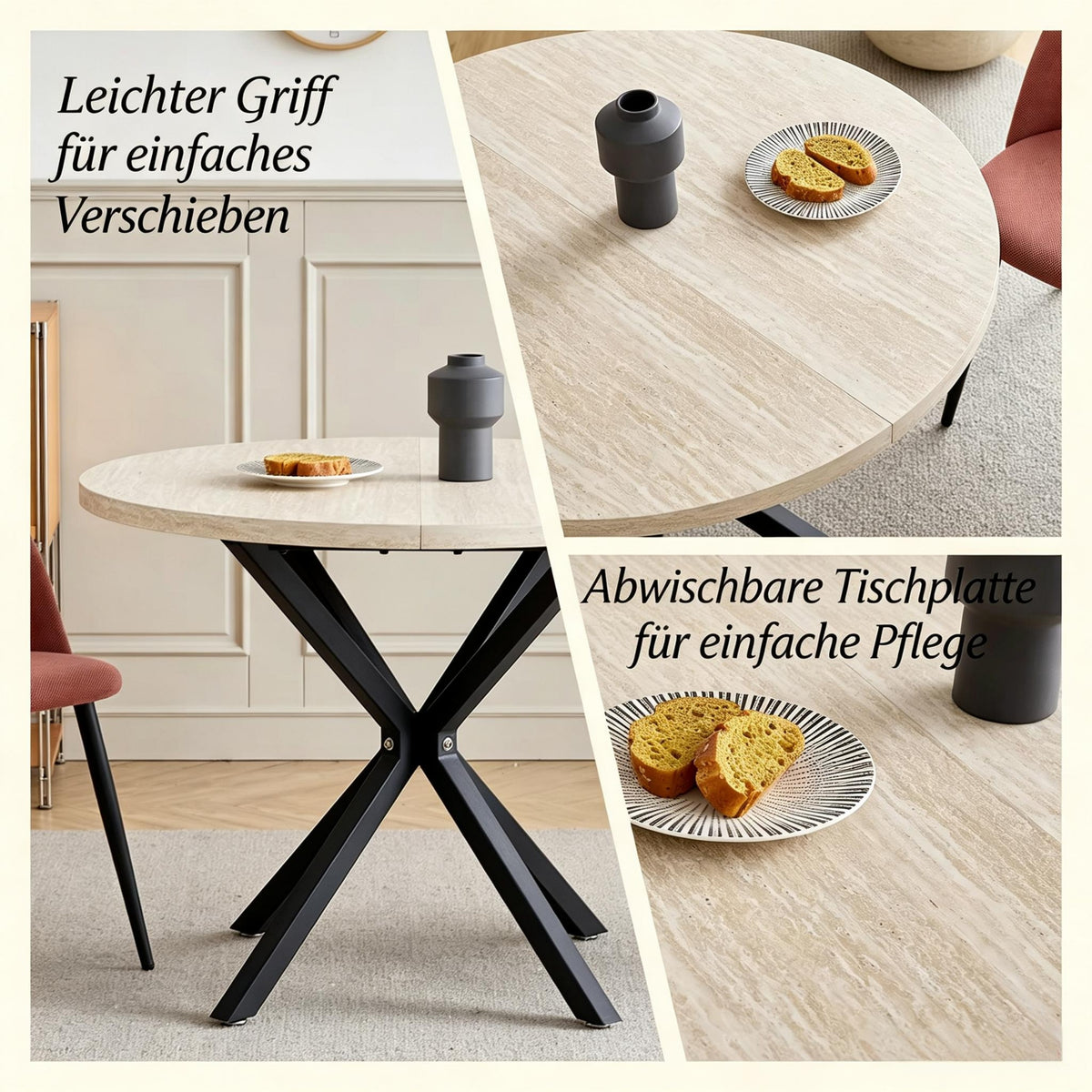 Mesa de comedor redonda moderna con estructura cruzada, Mesa redonda, Mesa universal con silueta elegante (solo mesa)