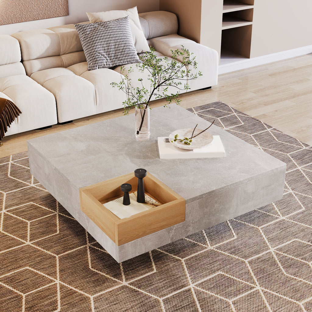 Mesita de centro para el salón, mesita lateral con caja de almacenamiento desmontable, color gris betón y color madera, 72*72*30 cm.