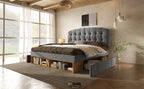 Cama Doble 140x190 cm de Lana Gris con Cajones y Cabecero Regulable – Sin Colchón