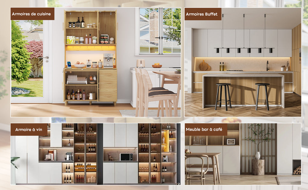 Antecabina de cocina de 183 cm, bufet, luces de decoración LED controladas por app, 2 x USB, 2 x enchufes, tableros de empotramiento ajustables, 3 cajones, asas de metal doradas, ideal para cocinas y comedores.
