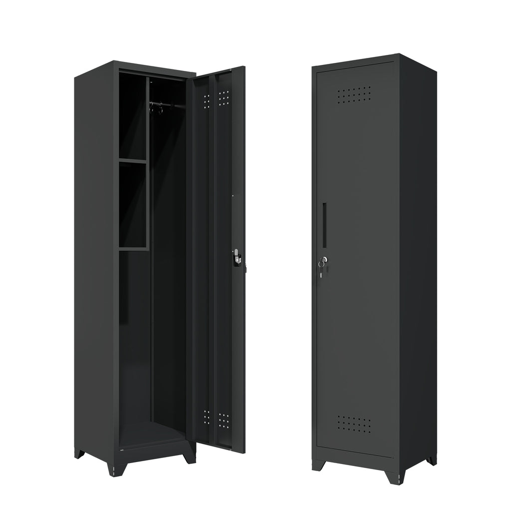 Gabinet de almacenamiento para limpieza de metal negro y esbelto con puerta cerradora, estantes y barra de colgado, organizador de utilidades de 65" de alto para cocina, despensa, oficina, taller y garaje