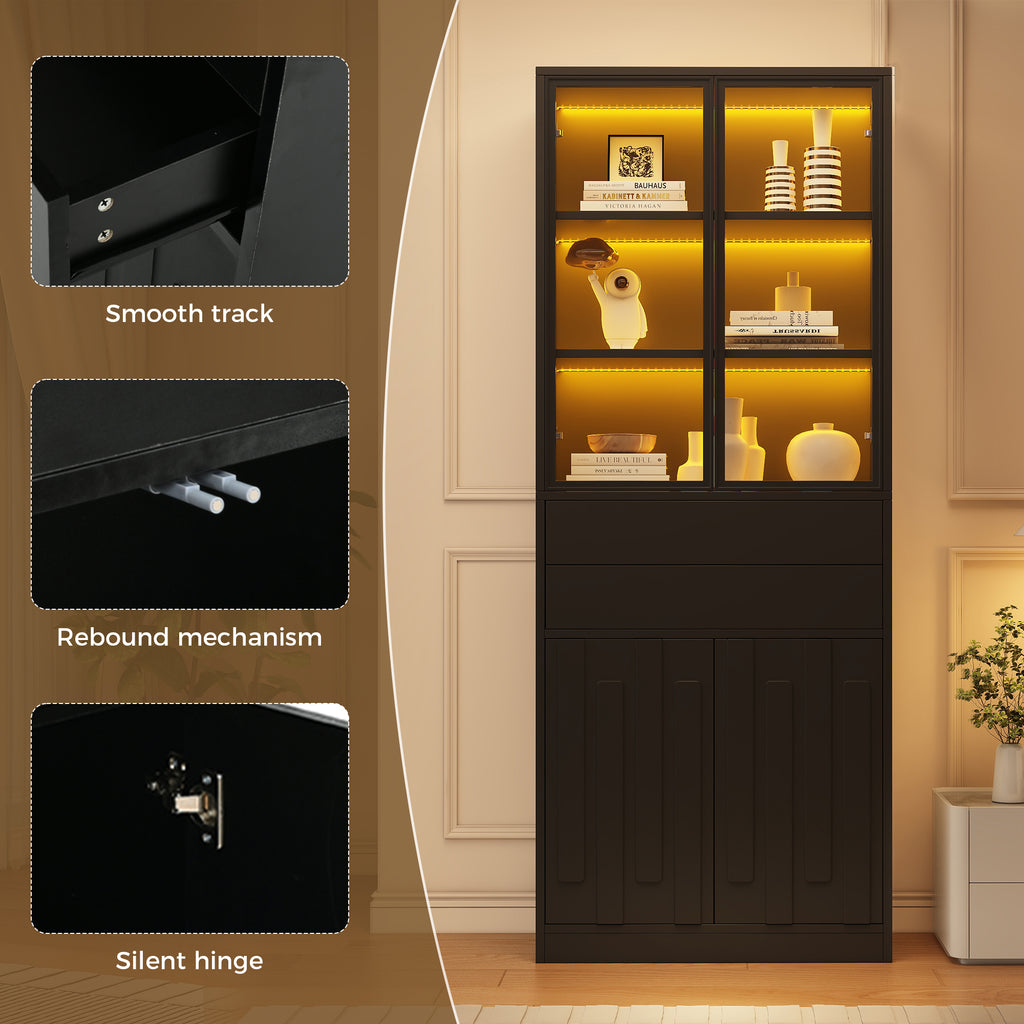 Vitrina LED de 70×34×180cm con 2 cajones, armario alto con puertas de vitrina, armario de salón con LED, armario para el salón, cocina, oficina, entrada, negro