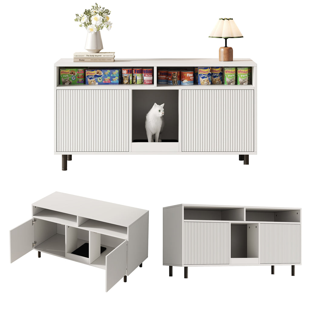 Katzentoiletten-Schrank/Katzenstreuwanne-Schrank con Alfombra de Cojín para Arena, Armario para Mascotas con Soporte, Sideboard/TV Stand para Mascotas, sin Baño para Gato, 120x50x66cm, Blanco