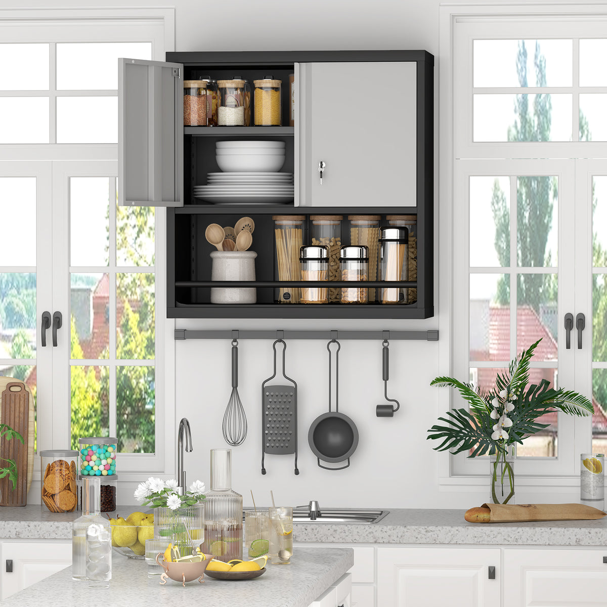 Gabinet de almacenamiento metálico alto con 2 puertas y estantes ajustables, gabinete de despensa de acero para la cocina, sala de estar, comedor, oficina doméstica
