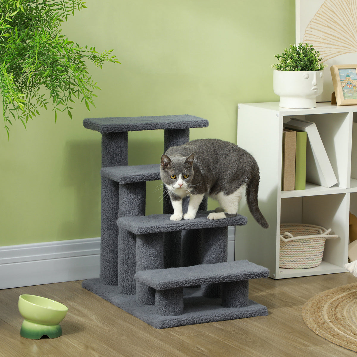 Escalera para mascotas, escalera para gatos, escalera para perros, 4 escalones, color gris, 63,5x43x60cm, ideal para gatos y perros, perfecta para ancianos y mascotas pequeñas