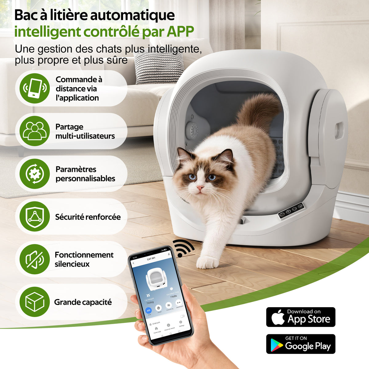 Toaleta automática inteligente para gatos con control por App, 68L de espacio interior, 8L de contenedor de desechos, caja de aromaterapia, seguridad infrarroja, para 1–2 gatos, auto - limpiante, silenciosa, segura para niños