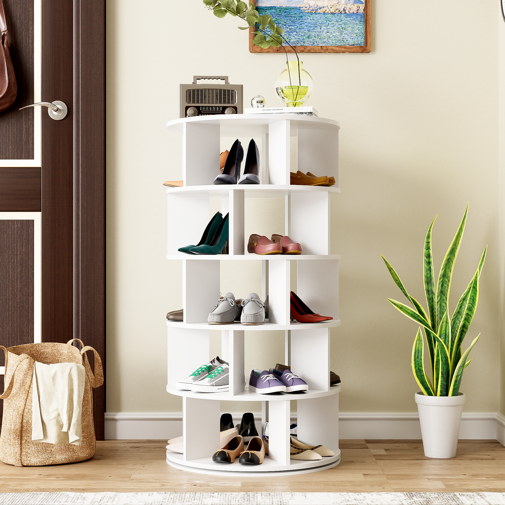 Rack para zapatos, ángulo giratorio, redondo blanco, 5 niveles, altura 115 cm, ancho 60 cm