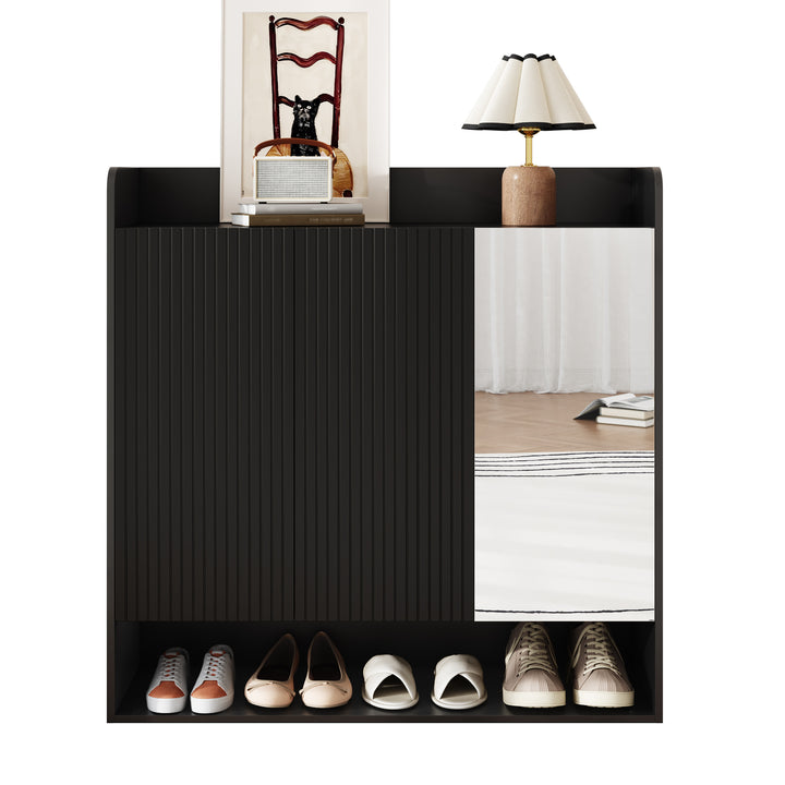 Zapatero con estructura vertical rayada negra, zapatero para el vestíbulo con espejo corporal, estante de zapatillas con capacidad de almacenamiento grande