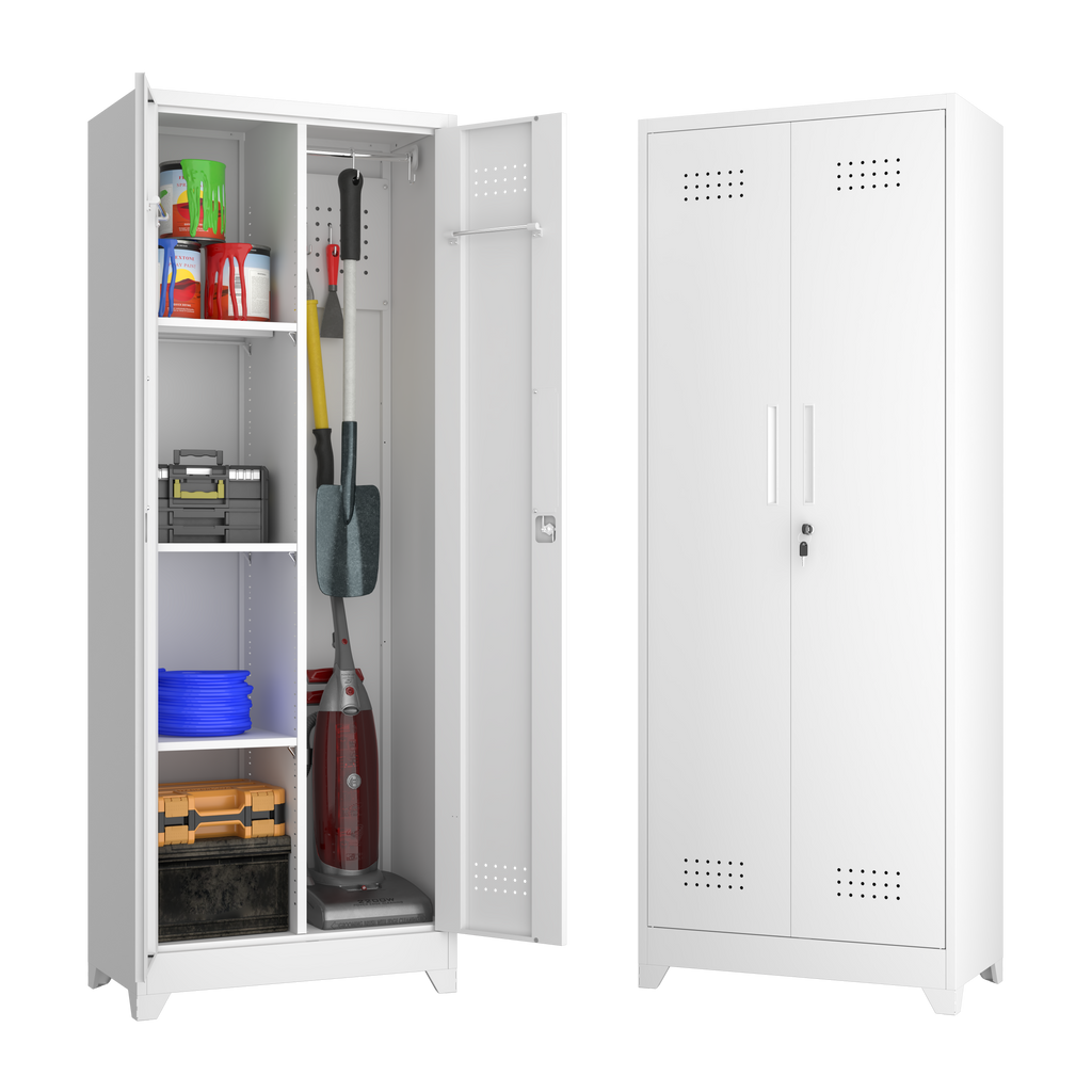 Gabinet de almacenamiento para herramientas de limpieza de 65" de color blanco con puertas con cerradura, estantes, varilla de colgado y anzuelos S