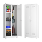 Gabinet de almacenamiento para herramientas de limpieza de 65" de color blanco con puertas con cerradura, estantes, varilla de colgado y anzuelos S