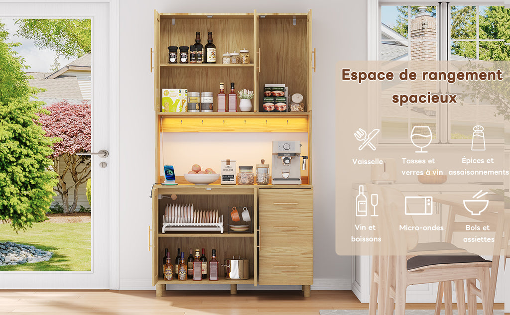 Antecabina de cocina de 183 cm, bufet, luces de decoración LED controladas por app, 2 x USB, 2 x enchufes, tableros de empotramiento ajustables, 3 cajones, asas de metal doradas, ideal para cocinas y comedores.