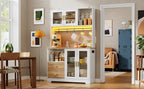 Armario de cocina de 178 cm, armario alto con LED, estante de cocina con toma de corriente, vitrina con puertas de cristal templado, estante para vinos, blanco con el aspecto de madera y placa de trabajo reforzada