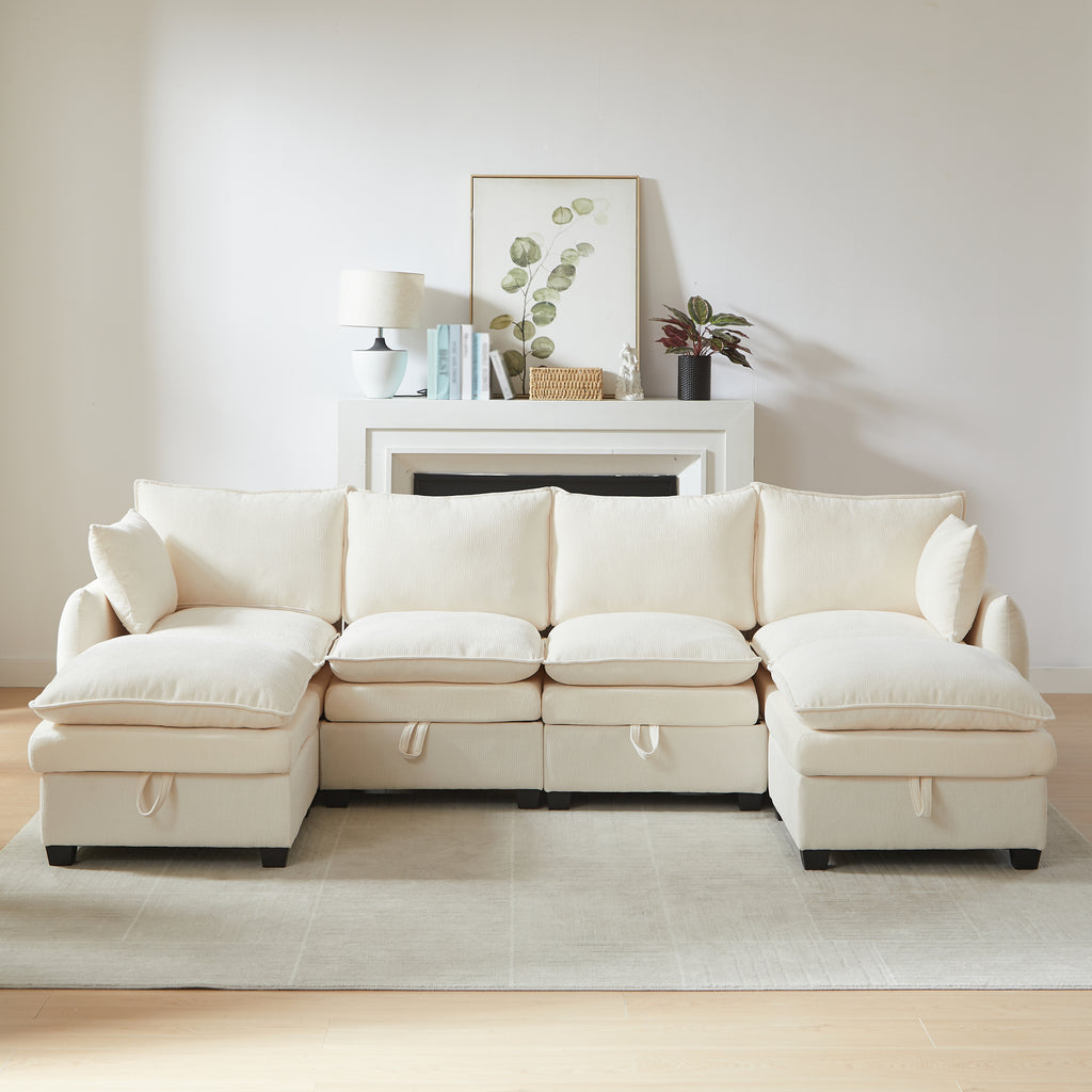 Sofa en U con espacio de almacenamiento, conjunto de sofás modular, compuesto por cuatro elementos de asiento y dos taburetes, sofá moderno con cojines y cojines de brazos, tapizado de chenille, armazón de madera sólida