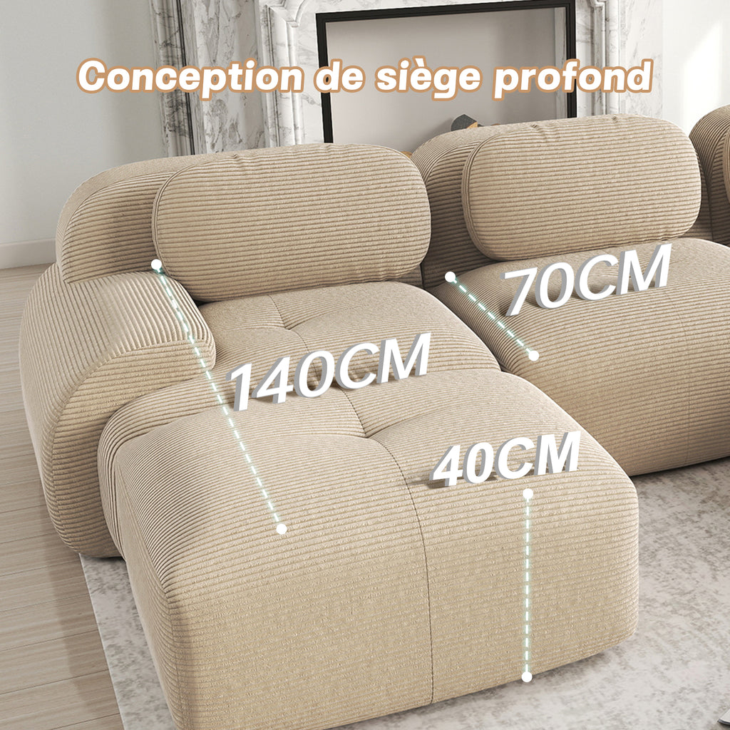 Sofá angular de 4 plazas con relleno de 32D de alta elasticidad, sofá sin armazón, antiresbaladante, con chaiselongue, reposabrazos extra anchos, combinable libremente, sin montaje para oficina, salón y cine en casa, color beige