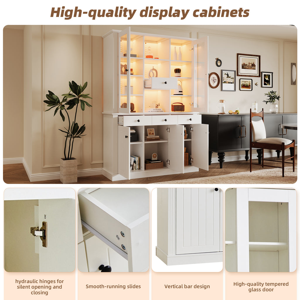 Vitrina N625P293053054055W) de 119,5*40*180cm, Vitrina de estantería con 4 cajones, Vitrinas con LED, Armario para el salón, Armario con 4 cajones y 5 puertas, Gran armario con 21 compartimientos de almacenamiento, MDF