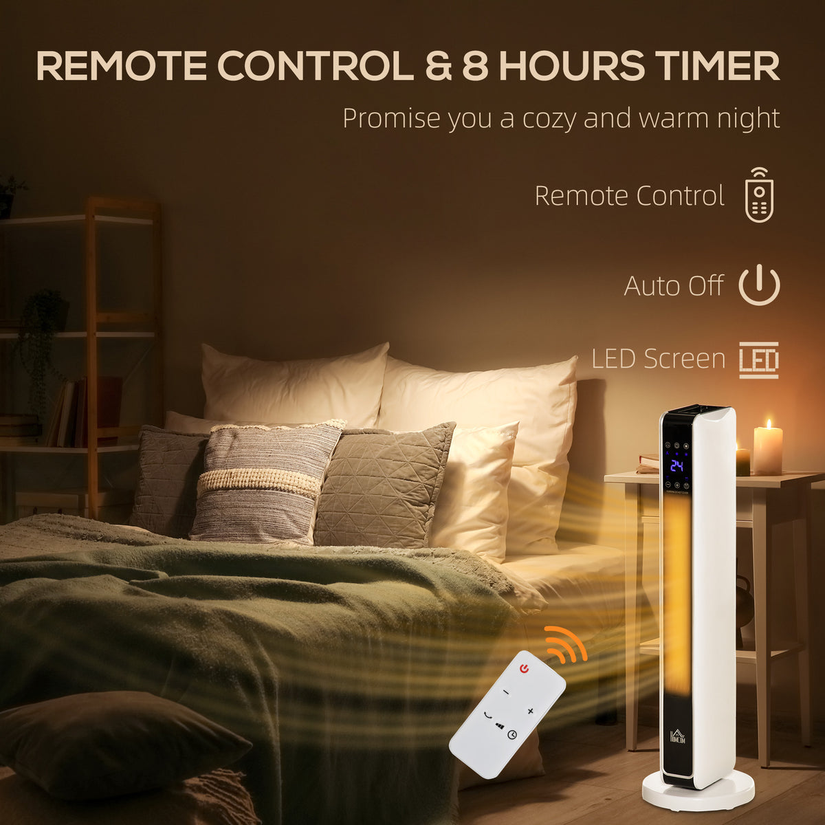 Heizlüfter eléctrico de 2200W con control remoto y temporizador de 8 horas, de ABS y PA, blanco y negro, compacto de 21x21x73 cm para calor eficiente
