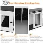Caja para perro 2 en 1, Hoguera interior para perro, Caja para perro de madera y metal en diseño de mobiliario, como mesita de noche, para perros pequeños a medianos, 140 x 60 x 87 cm, blanca, Mesa con folio de aspecto de mármol negro