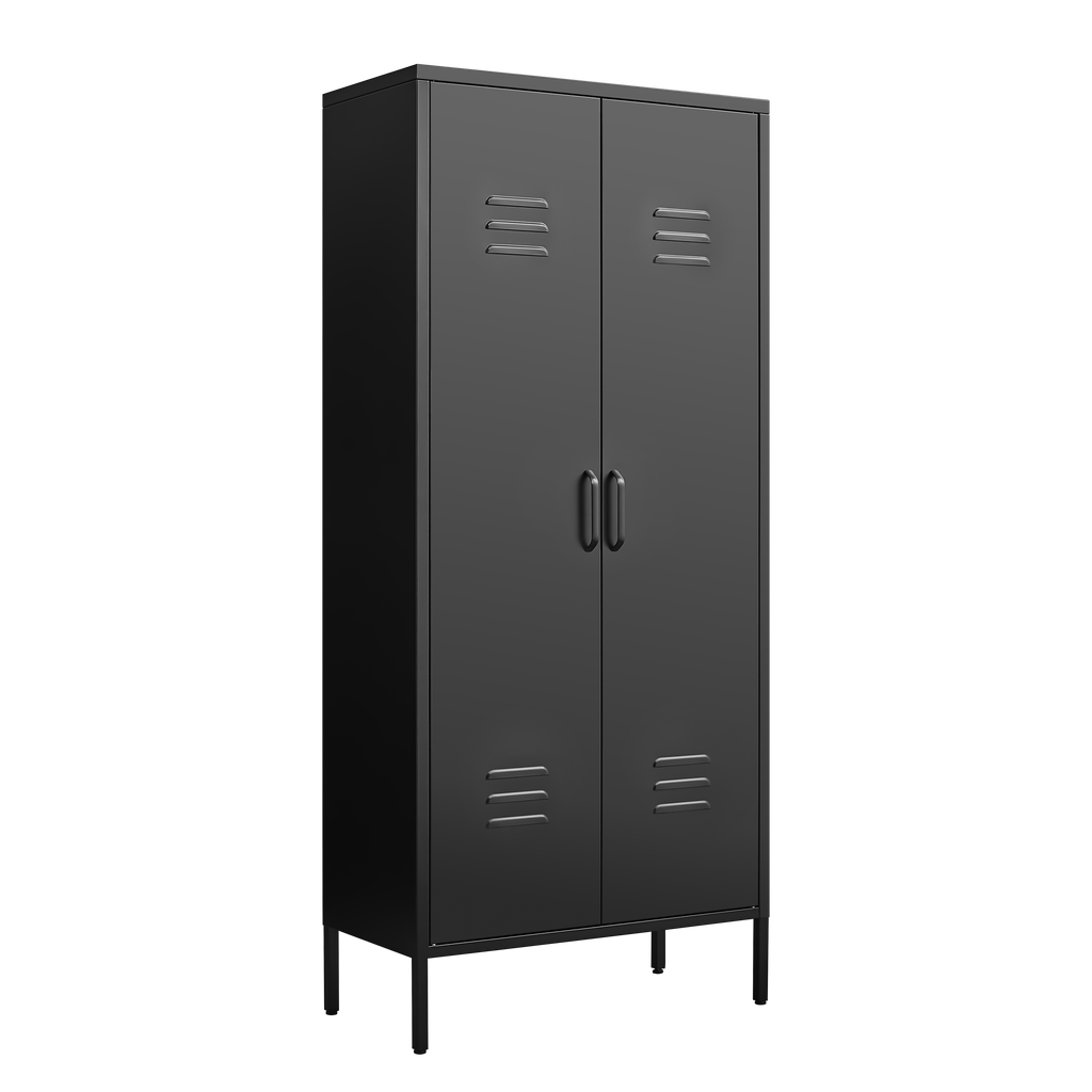 Gabinet de almacenamiento metálico alto negro con 2 puertas y estantes ajustables, gabinete multifuncional para oficina, cuarto de utilidades y garaje