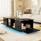 Mesa de centro moderna negra con iluminación LED, superficie de mesa de alta lustre, 120 x 50 x 38,5 cm