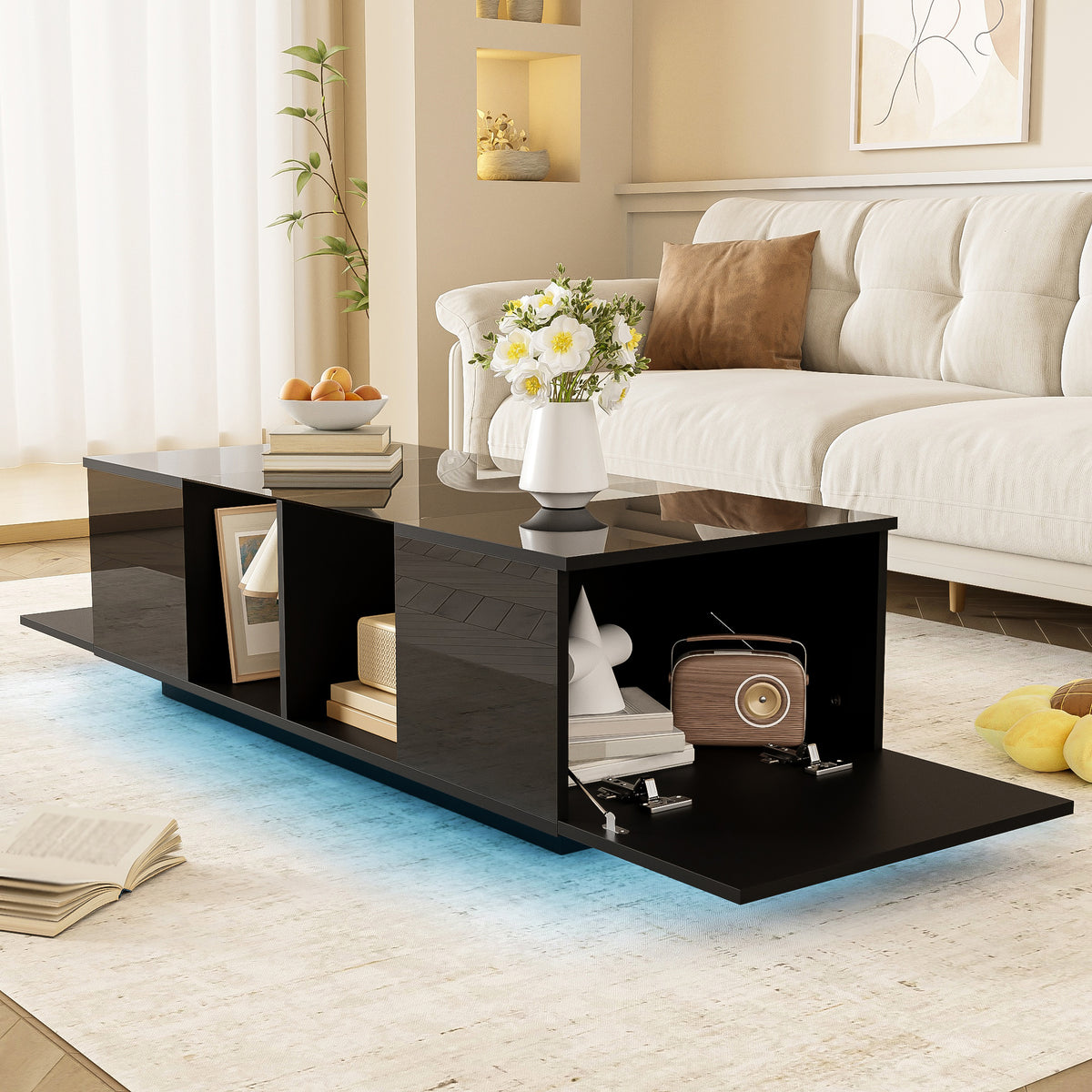 Mesa de centro moderna negra con iluminación LED, superficie de mesa de alta lustre, 120 x 50 x 38,5 cm