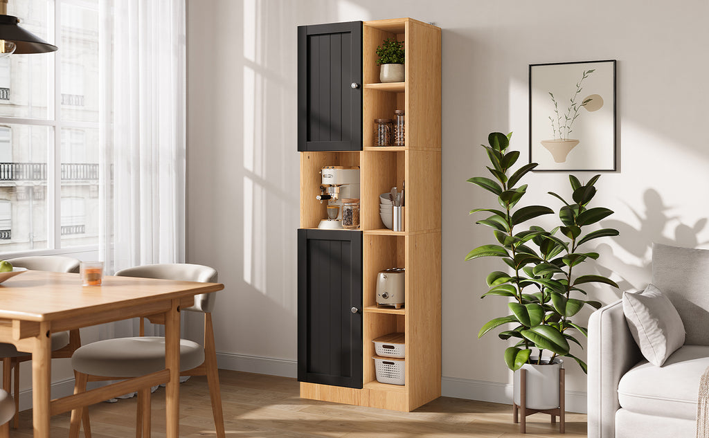 Armario de esquina para la cocina, armario alto con 6 estantes abiertos, 2 puertas y patas de empotramiento ajustables, armario de cocina estrecho para la cocina, comedor y salón, protección contra inclinación, 50x35,5x170 cm, Ántracita/Oca