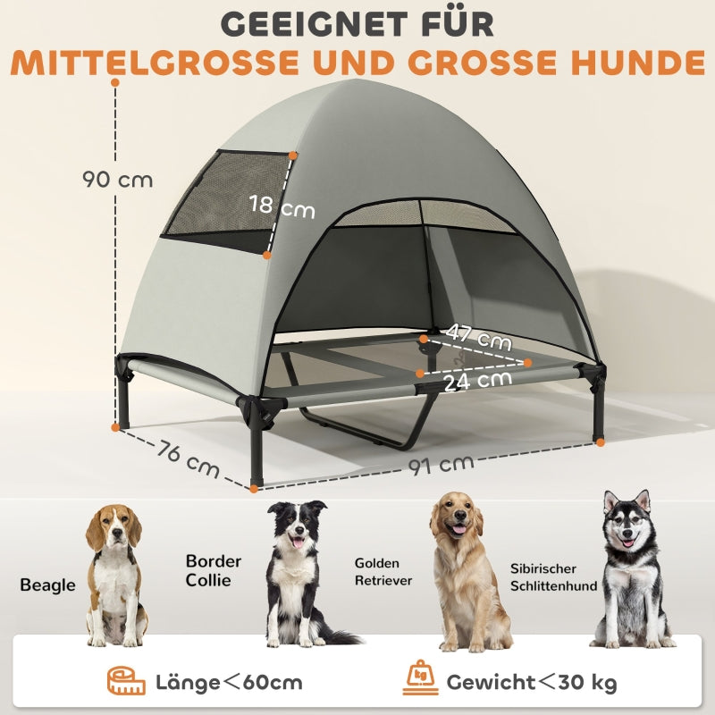 Cama para perro exterior con techo, Cama para perro elevada para perros grandes, 91 x 76 x 90 cm, Gris claro