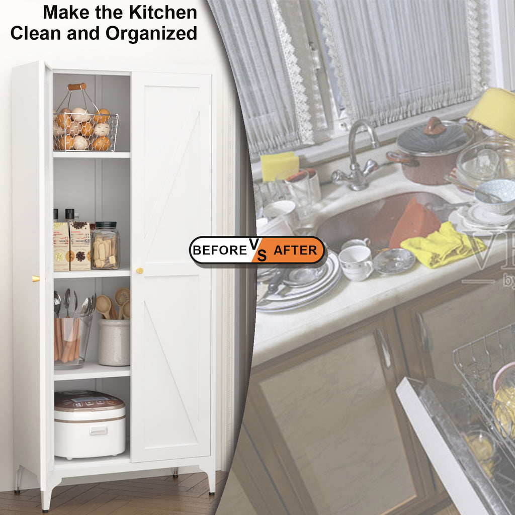 Gabineté de almacenamiento metálico de dos puertas para despensa de la cocina, con estantes ajustables, gabineté alto de acero para la cocina, salón, comedor y oficina, blanco