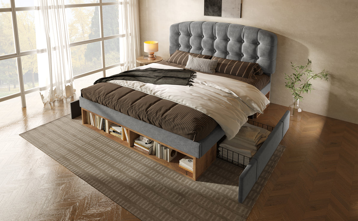 Cama Doble 140x190 cm de Lana Gris con Cajones y Cabecero Regulable – Sin Colchón