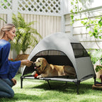 Cama para perro exterior con techo, Cama para perro elevada para perros grandes, 91 x 76 x 90 cm, Gris claro