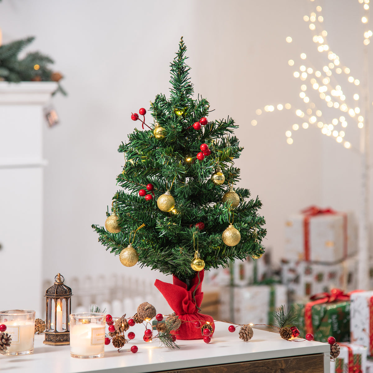 Árbol de Navidad pequeño, Mini árbol de Navidad con bayas de cardo, bolas y luces LED, decoración para mesa de color verde PVC ∅40 x 60 cm